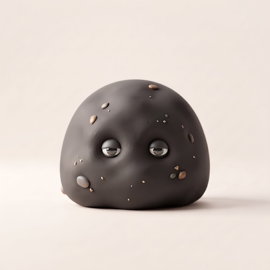 Turab, a small round black mascot made of earth with sleepy, neutral eyes and tiny pebbles on its surface
